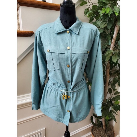 CA Sports Women's Solid Blue 100% Silk Buttons Front Long Sleeve Casual Jacket L - Picture 1 of 10